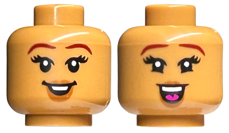 Minifigure, Head Dual Sided Female Dark Red Eyebrows, Dark Orange Lips, Open Mouth Smile with Teeth / Large Smile with Dark Pink Tongue Pattern