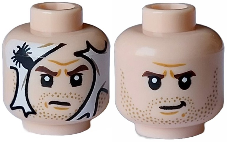 Minifigure, Head Dual Sided Dark Brown Eyebrows, Dark Tan Stubble Beard, Medium Nougat Chin Dimple, White Spider Web / Lopsided Mouth Pattern