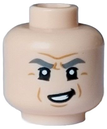 Minifigure, Head Dark Bluish Gray Eyebrows, Upper and Lower Eyelids, Medium Nougat Jowl Lines, Chin Dimple and Wrinkles, Evil Lopsided Open Mouth Smile with Teeth Pattern