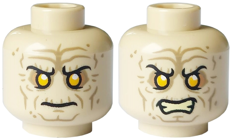 Minifigure, Head Dual Sided Wrinkles, Sunken Yellow Eyes, Black Short Eyebrows, Stern / Bared Teeth Angry Pattern (SW Palpatine)