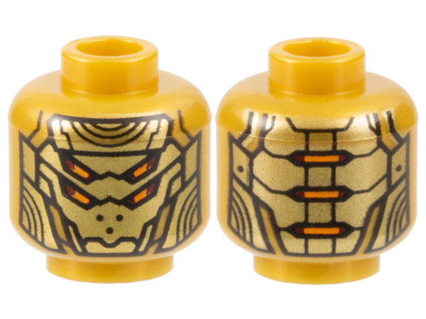 Minifigure, Head Alien Robot with Gold Armor Plates and 4 Orange Eyes Pattern