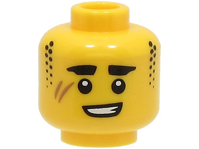 Minifigure, Head Black Thick Eyebrows and Stubble Sideburns, Medium Nougat Scar, Lopsided Open Mouth Smile with Teeth Pattern (BAM)