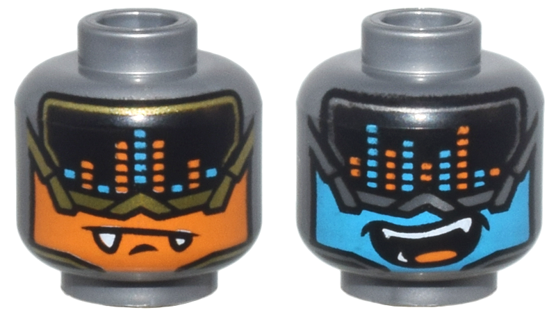 Minifigure, Head Alien Visor with Music Equalizer, Gold Trim, Orange Face, Fangs / Silver Trim, Dark Azure Face, Open Mouth Smile Pattern