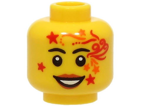 Minifigure, Head Female Black Eyebrows, Dark Orange Lips, Red and Orange Face Paint with Stars and Lines, Open Mouth Smile with Teeth Pattern