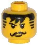 Minifigure, Head Black Thin Eyebrows, Curled Moustache, Hair with Bangs and Striped Sideburns, Small Lopsided Grin, White Glints in Eyes Pattern