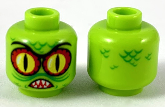 Minifigure, Head Alien with Swamp Creature with Red and Yellow Eyes with Black Outline, Pointed Teeth and Scales Pattern