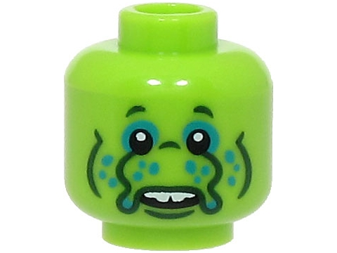 Minifigure, Head Alien Black Eyes, Dark Turquoise Eye Shadow and Dots, Nose with Tentacles, Dark Green Wrinkles, White Teeth Pattern (BAM)