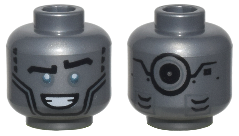 Minifigure, Head Alien Robot Black Eyebrows, Metallic Light Blue Eyes, Open Mouth Smile, and Black Circle and Mechanical Panels on Back Pattern