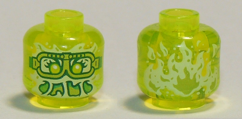 Minifigure, Head Alien Ghost with Yellowish Green Face, Slime Mouth, Glasses and Flames in Back Pattern