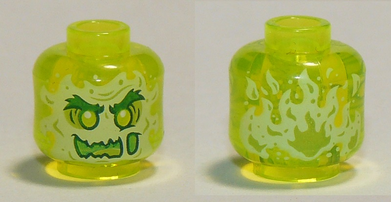 Minifigure, Head Alien Ghost with Yellowish Green Face, Bushy Eyebrows, Slime Mouth and Flames in Back Pattern