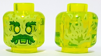 Minifigure, Head Alien Ghost with Yellowish Green Face, Dark Green Bushy Eyebrows and Moustache, Lime Eye Shadow, Green Open Mouth Frown with Slime and Tongue, Flames on Back Pattern
