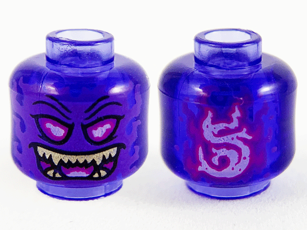 Minifigure, Head Alien Ghost with Dark Purple Face, Magenta Eyes and Open Mouth and Gold Sharp Teeth Pattern