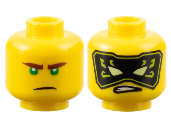 Minifigure, Head Dual Sided Reddish Brown Eyebrows, Green Eyes, Frown / Black and Lime Mask with Yellowish Green Eyes Pattern