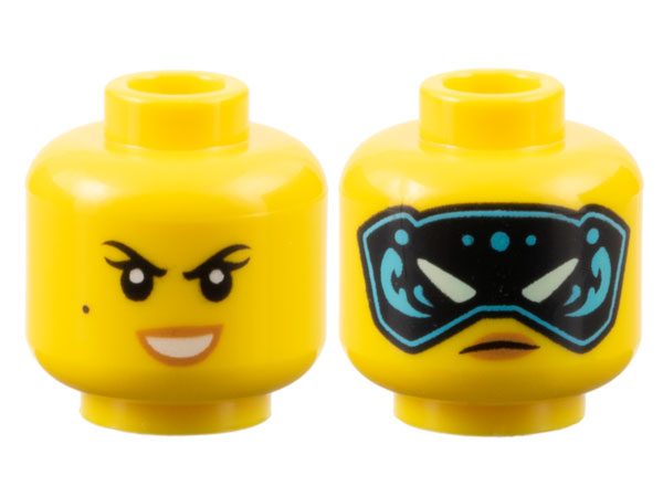 Minifigure, Head Dual Sided Female Black Eyebrows, Eyelashes, Beauty Mark, Medium Nougat Lips, Open Mouth Smile with Teeth / Black and Medium Azure Mask with Light Aqua Eyes, Frown Pattern