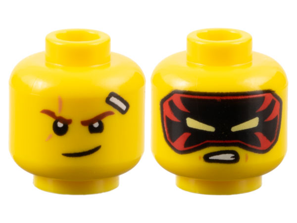 Minifigure, Head Dual Sided Reddish Brown Eyebrows, Nougat Scar, White Bandage, Lopsided Grin / Black and Red Mask with Bright Light Yellow Eye Holes, Open Mouth Scowl with Teeth Pattern
