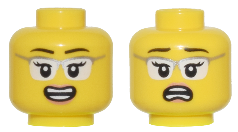 Minifigure, Head Dual Sided Female Black Eyebrows, Glasses with Silver Frames and White Lenses, Open Mouth Smile / Scared Pattern