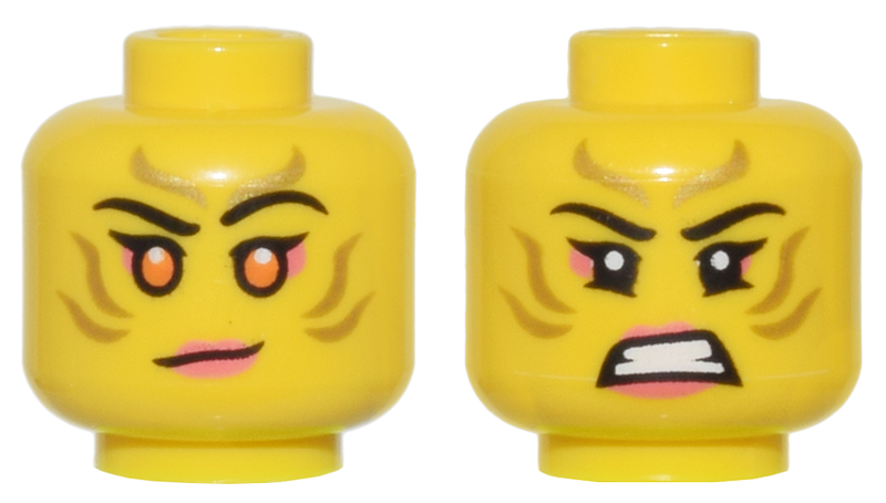 Minifigure, Head Dual Sided Female Gold Stripes Face Paint, Coral Lips and Eye Shadow, Orange Eyes, Lopsided Grin / Bared Teeth Pattern