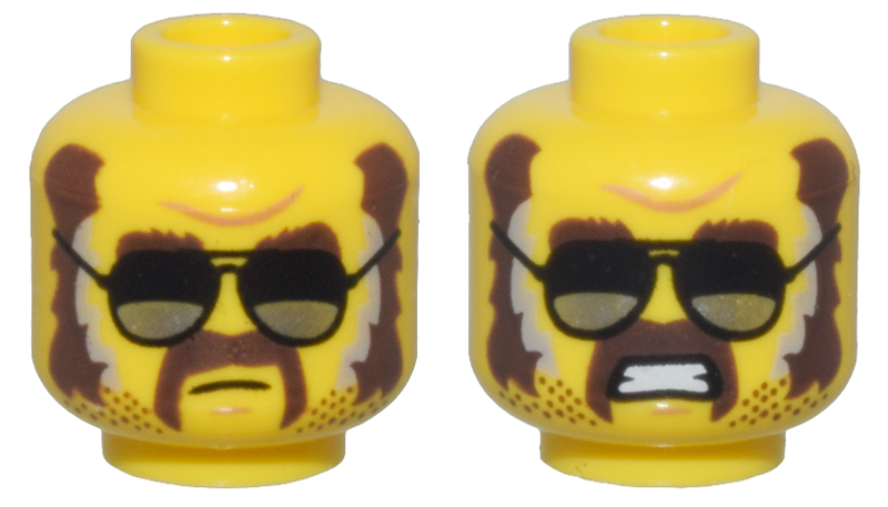 Minifigure, Head Dual Sided Dark Brown Eyebrows, Sideburns, Moustache, and Stubble, Black and Silver Glasses, Closed Mouth / Open Mouth Scowl Pattern