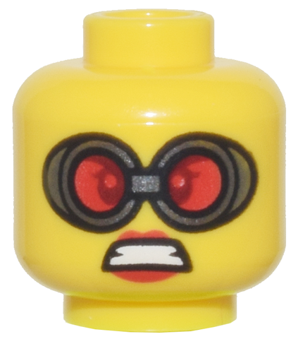 Minifigure, Head Female Goggles with Silver Frames and Red Lenses, Red Lips and Open Mouth Scowl Pattern