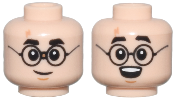 Minifigure, Head Dual Sided Thick Black Eyebrows, Glasses, Nougat Lightning Scar, Medium Nougat Chin Dimple, Grin / Surprised Open Mouth Smile with Top Teeth Pattern