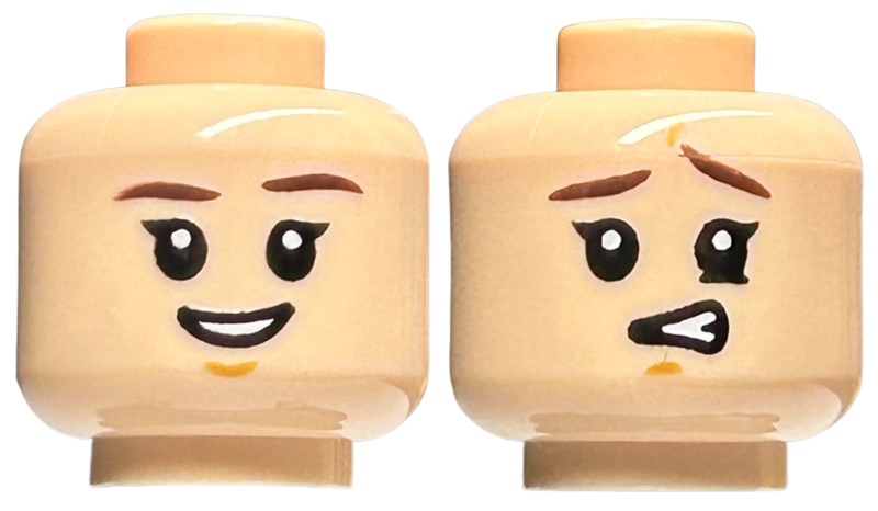 Minifigure, Head Dual Sided Dark Brown Eyebrows, Medium Nougat Chin Dimple, Open Mouth Smile / Confused with Raised Eyebrow Left Pattern