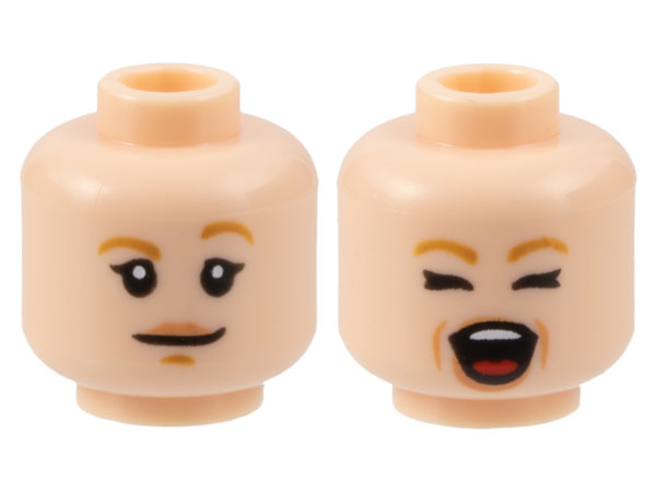 Minifigure, Head Dual Sided Female Medium Nougat Eyebrows, Nougat Lips, Raised Left Eyebrow, Neutral / Closed Eyes, Shouting Pattern