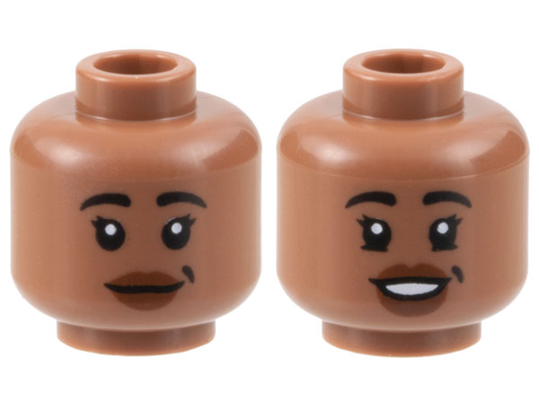Minifigure, Head Dual Sided Female Black Eyebrows, Reddish Brown Lips, Grin / Open Mouth Smile with White Teeth Pattern