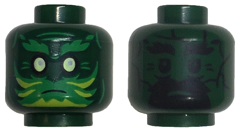 Minifigure, Head Dual Sided Green Eyebrows and Face Paint with Lime Highlights, Yellowish Green Eyes / Black Eyebrows, Goatee, and Eyes Pattern