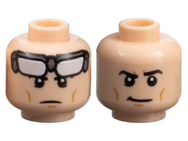 Minifigure, Head Dual Sided Black Eyebrows, Medium Nougat Cheek Lines and Chin Dimple, White Goggles, Frown / Smirk Pattern (Batman)