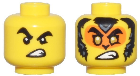 Minifigure, Head Dual Sided Thick Black Eyebrows, Open Mouth Scowl / Orange Face, Black and Dark Bluish Gray Fur, and Gold Eyes Pattern