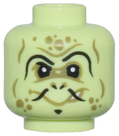 Minifigure, Head Alien Thin Curved Black Eyebrows, Fu Manchu Moustache, and Olive Green Wrinkles and Spots Pattern