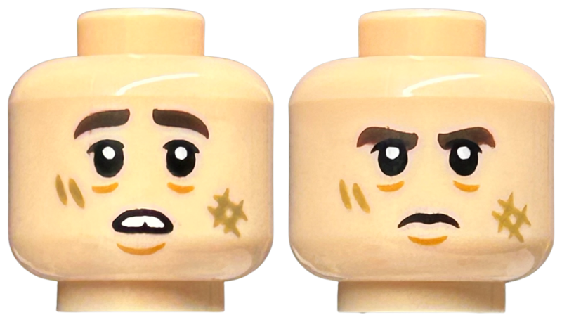 Minifigure, Head Dual Sided Dark Brown Thick Eyebrows, Dark Tan Scuff Marks, Chin Dimple, Worried Open Mouth with Teeth / Frown Pattern