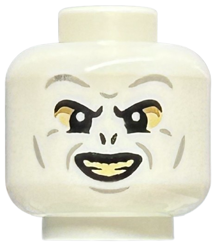 Minifigure, Head Alien with HP Voldemort Black Eyebrows and Nostrils, Light Bluish Gray Wrinkles, Dark Tan and Tan Eye Shadow, Open Mouth Smile with Bright Light Yellow Teeth Pattern