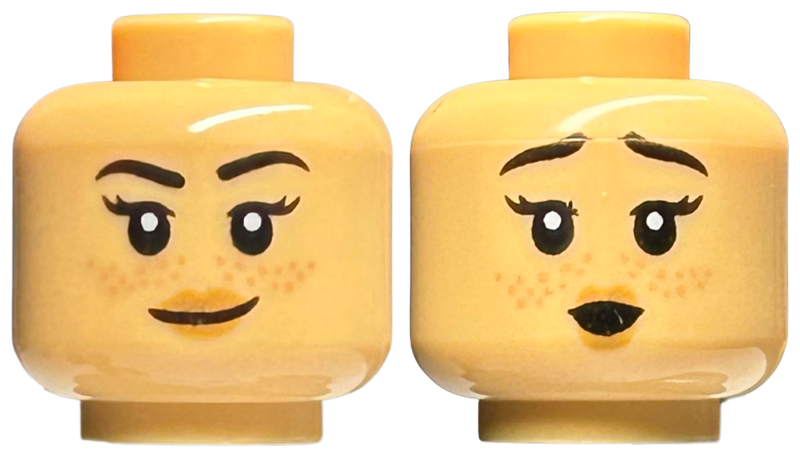Minifigure, Head Dual Sided Female Black Eyebrows, Eyelashes, Nougat Freckles, Medium Nougat Lips, Lopsided Grin / Surprised Pattern