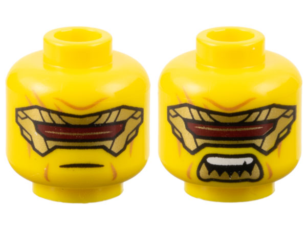 Minifigure, Head Dual Sided Gold Eye Mask with Dark Red Visor, Medium Nougat Jowl Lines and Wrinkles, Neutral / Open Mouth with Sharp Bottom Teeth Pattern