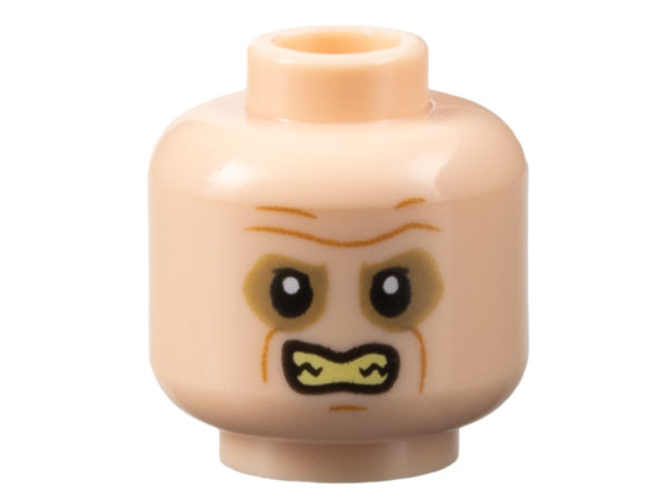 Minifigure, Head Medium Nougat Brow Furrows and Chin Dimple, Dark Tan Eye Shadow, Bright Light Yellow Bared Teeth Pattern