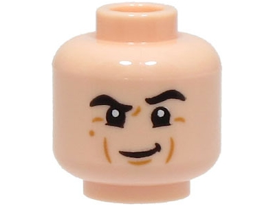 Minifigure, Head Black Eyebrows, Left Raised, Medium Nougat Cheek Lines and Chin Dimple, Smile Pattern