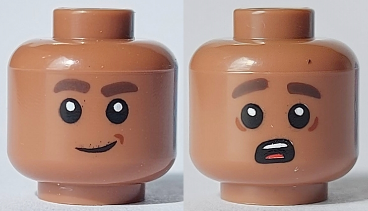 Minifigure, Head Dual Sided Dark Brown Eyebrows, Reddish Brown Dimple, Lopsided Smile / Surprised Open Mouth, White Teeth and Red Tongue Pattern