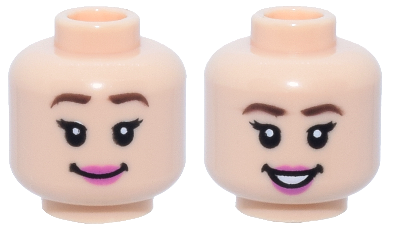 Minifigure, Head Dual Sided Female Dark Brown Eyebrows, Eyelashes, Dark Pink Lips, Grin / Open Mouth Smile with Teeth Pattern
