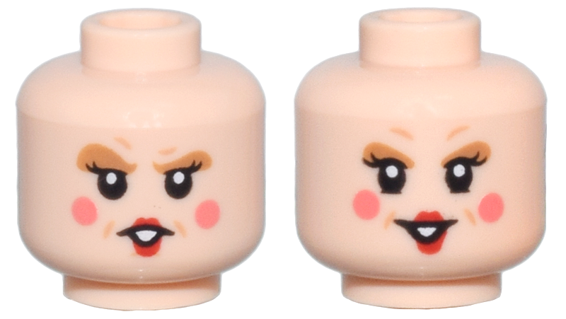 Minifigure, Head Dual Sided Female Medium Nougat Eyebrows, Eye Shadow, and Dimples, Black Eyelashes, Red Lips, Coral Cheeks, Open Mouth with Teeth, Angry / Smile Pattern