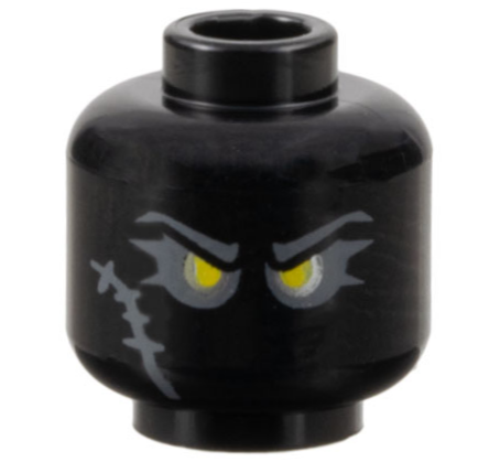 Minifigure, Head Dark Bluish Gray Eyebrows, Eye Shadow and Scar, Yellow Eyes with Silver Outline Pattern