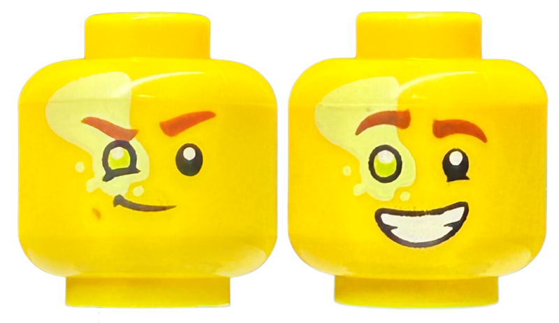 Minifigure, Head Dual Sided Reddish Brown Eyebrows, Lime Right Eye with Yellowish Green Splotch, Smirk / Open Mouth Smile with Teeth Pattern