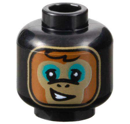Minifigure, Head Alien Balaclava, Dark Tan and Dark Orange Monkey Face, Dark Turquoise Eye Shadow, Lopsided Open Mouth Smile with Teeth Pattern