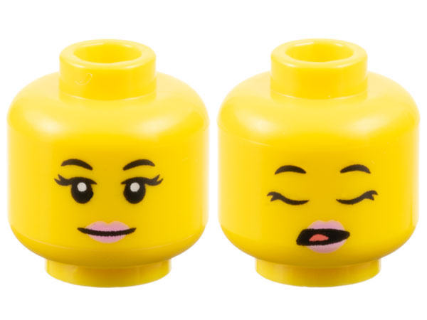 Minifigure, Head Dual Sided Female Black Eyebrows and Eyelashes, Bright Pink Lips, Grin / Open Mouth with Coral Tongue, Sleeping Pattern