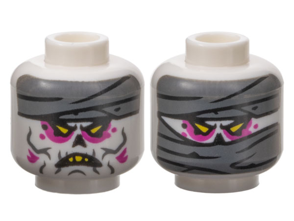 Minifigure, Head Dual Sided Alien Dark Bluish Gray Mummy Wrappings, Yellow Triangular Eyes, Magenta Eye Shadow, Open Mouth Scowl with Top Teeth / Wrapped Lower Face Pattern
