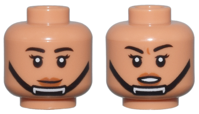Minifigure, Head Dual Sided Female Black Eyebrows and Eyelashes, Dark Orange Lips, Black Chin Strap, Neutral / Open Mouth Determined Pattern