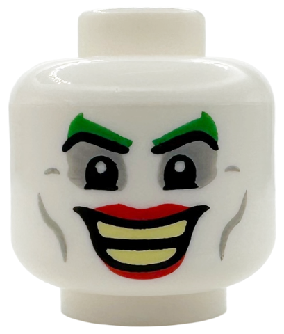 Minifigure, Head Green Eyebrows, Red Lips, Light Bluish Gray Eye Shadow and Cheek Lines, Open Mouth Smile with Bright Light Yellow Teeth Parted Pattern (The Joker)