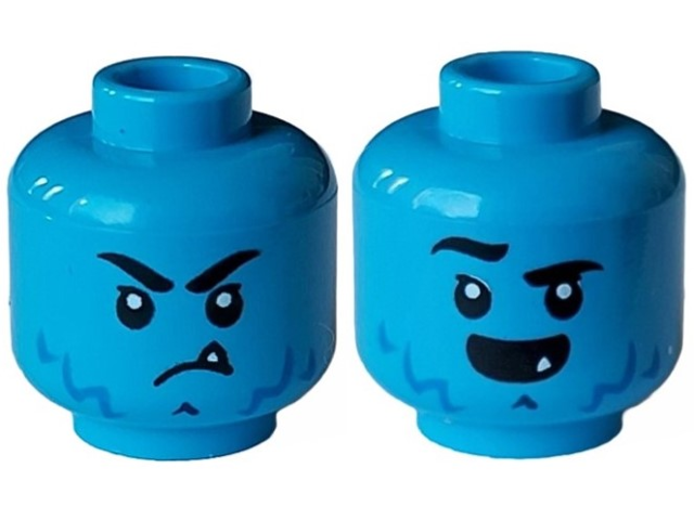 Minifigure, Head Dual Sided Alien Black Eyebrows, Blue Beard Stubble, White Sharp Tooth, Angry Frown / Open Mouth Smile, Right Raised Eyebrow Pattern