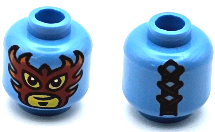 Minifigure, Head Balaclava with Yellow Face, Black Soul Patch, Lopsided Grin, Wrestling Mask with Red and Orange Flames, Laces on Back Pattern