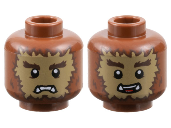 Minifigure, Head Dual Sided Alien Dark Brown Bushy Eyebrows and Fur, Dark Tan Face, Lower Fangs, Scowl / Open Mouth Smile with Top Teeth and Red Tongue Pattern